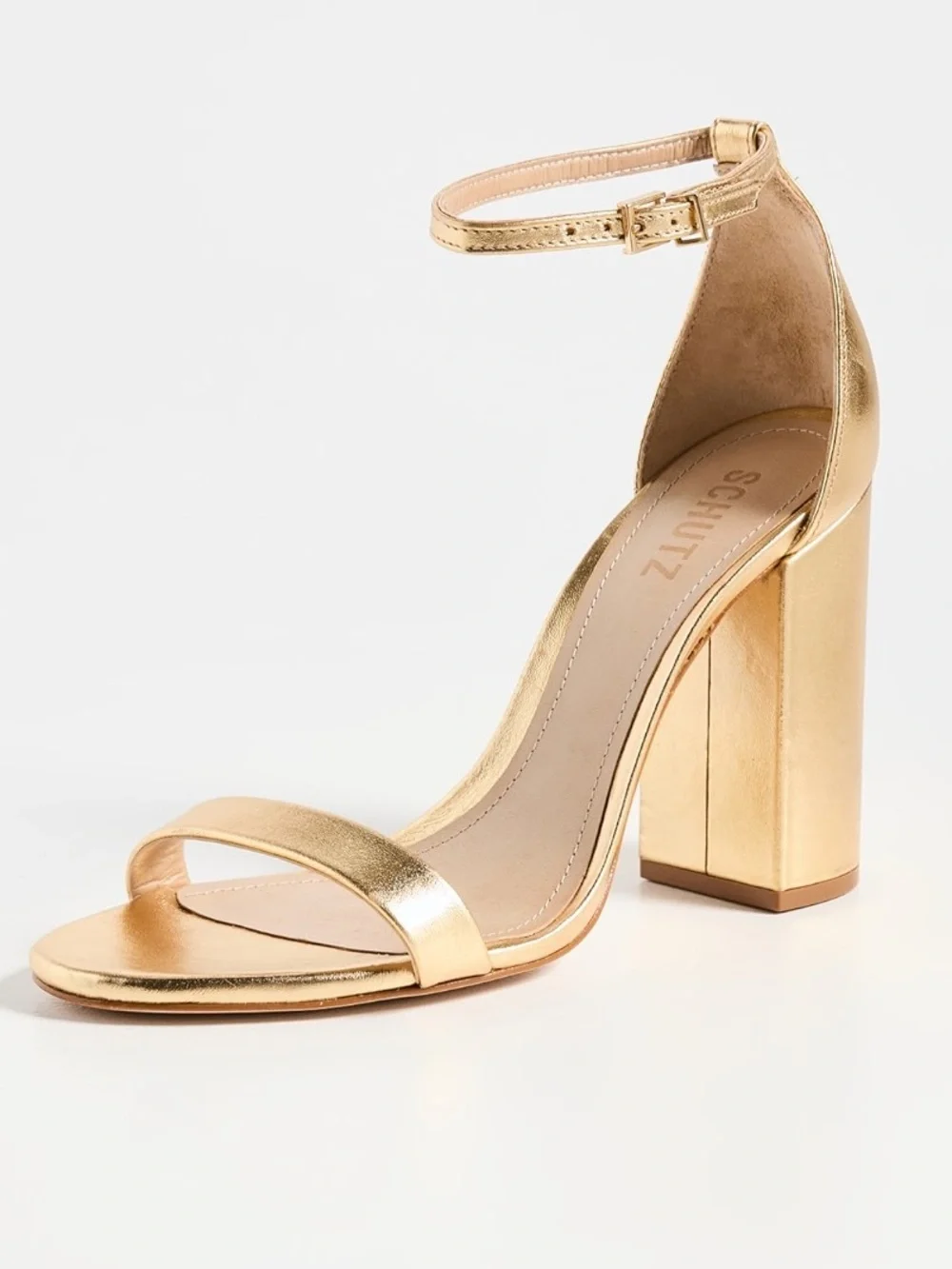 Schutz Cadey Lee gold block sandals heels metallic leather ankle strap size 9.5